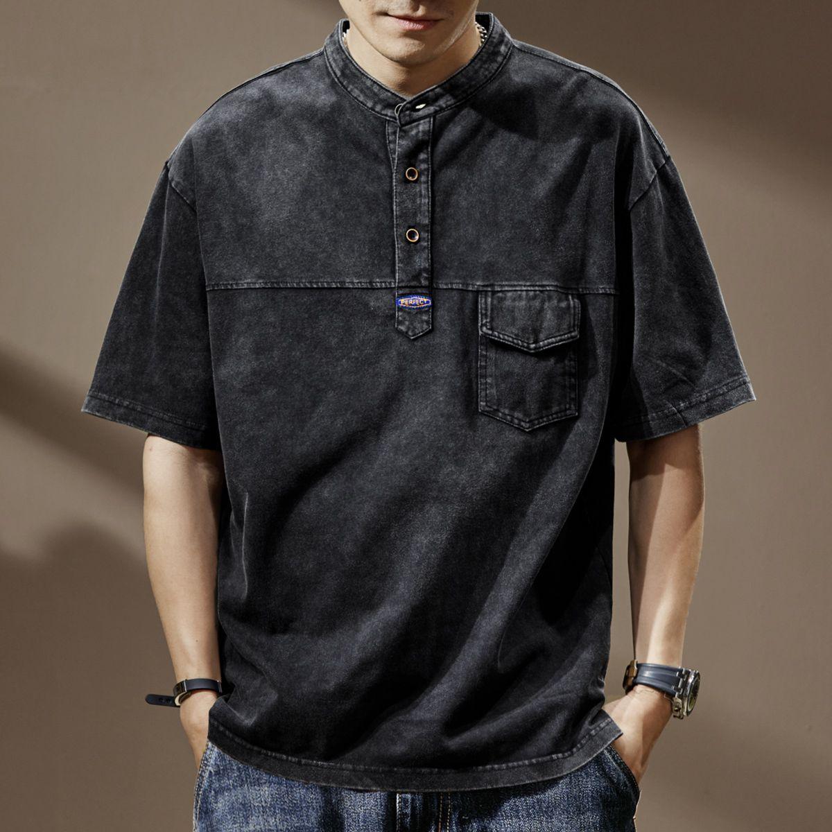 

Men s T-shirt Short-sleeved Fermented Nostalgic Washing Polo Shirt High-end Loose Trendy Brand Round-neck Washing Old XXXL чорний