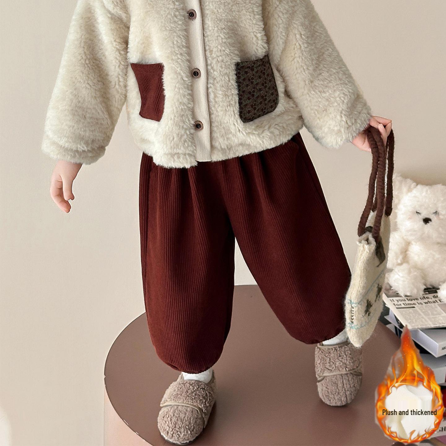 

Baby Girls Fuzzy Korean-Style Sweater Coat and Fleece-Lined Pants Set with Scarf 100 cm
