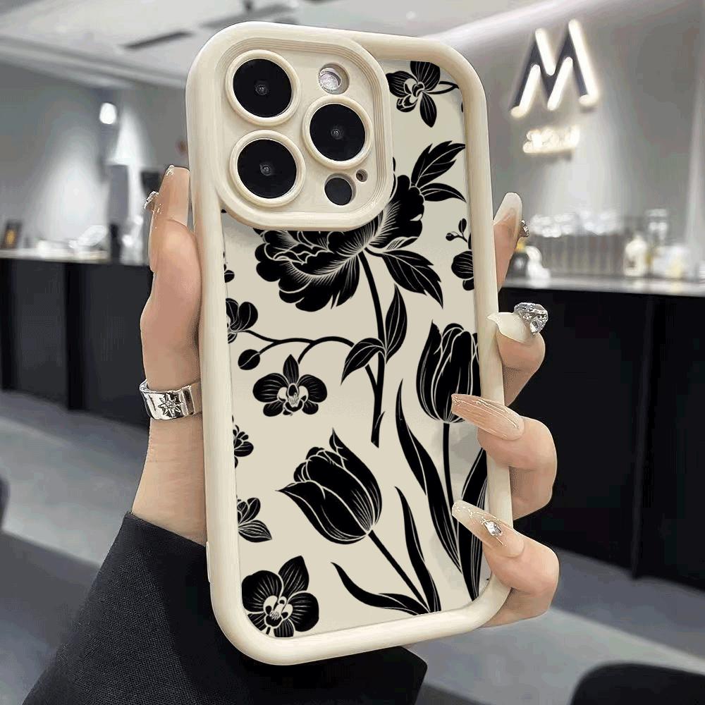 Black Floral Silhouette Phone Case for Xiaomi Redmi Note 14 13 12 11 10 9 8 7 Pro Shockproof Anti-Slip Soft TPU Cover