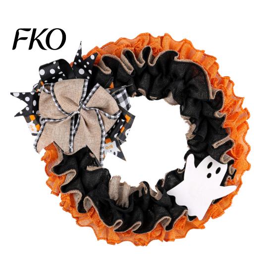 Shop Window Halloween Decor 15 Inch Wreath for Front Door, Rustic Ruffle with Party Wall Ghost And Burlap Bow Fireplace Walls Windows Gothic Indoor