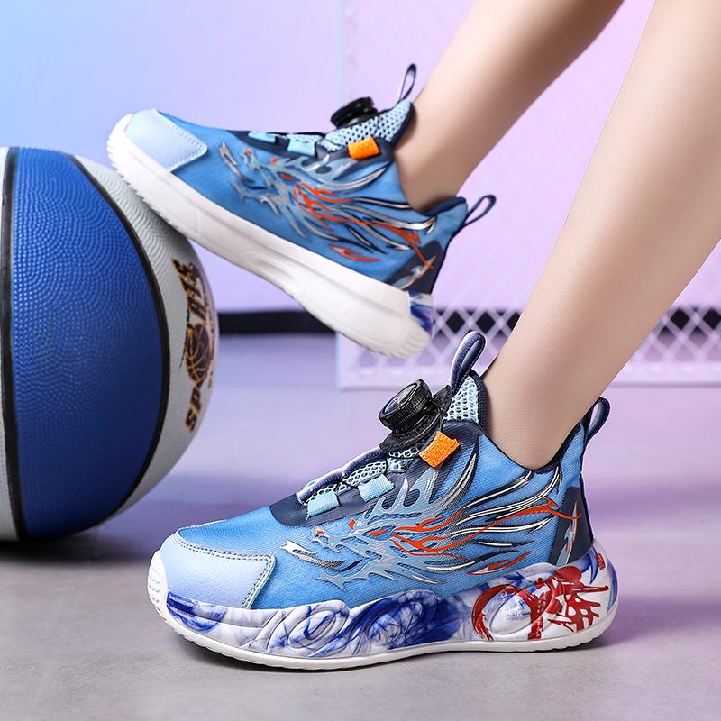 Children's Sports Shoes 2025 New Summer Boys Button Basketball Shoes Mesh Breathable Soft-soled Running Shoes