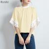 ZANZEA Women Casual Round Neck Lace Splice 3/4 Sleeve Loose Blouse