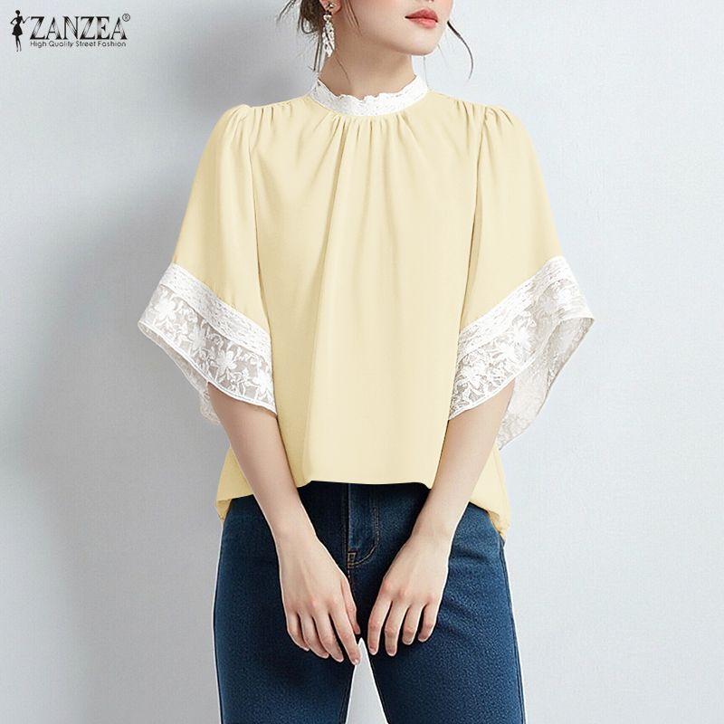 ZANZEA Women Casual Round Neck Lace Splice 3/4 Sleeve Loose Blouse