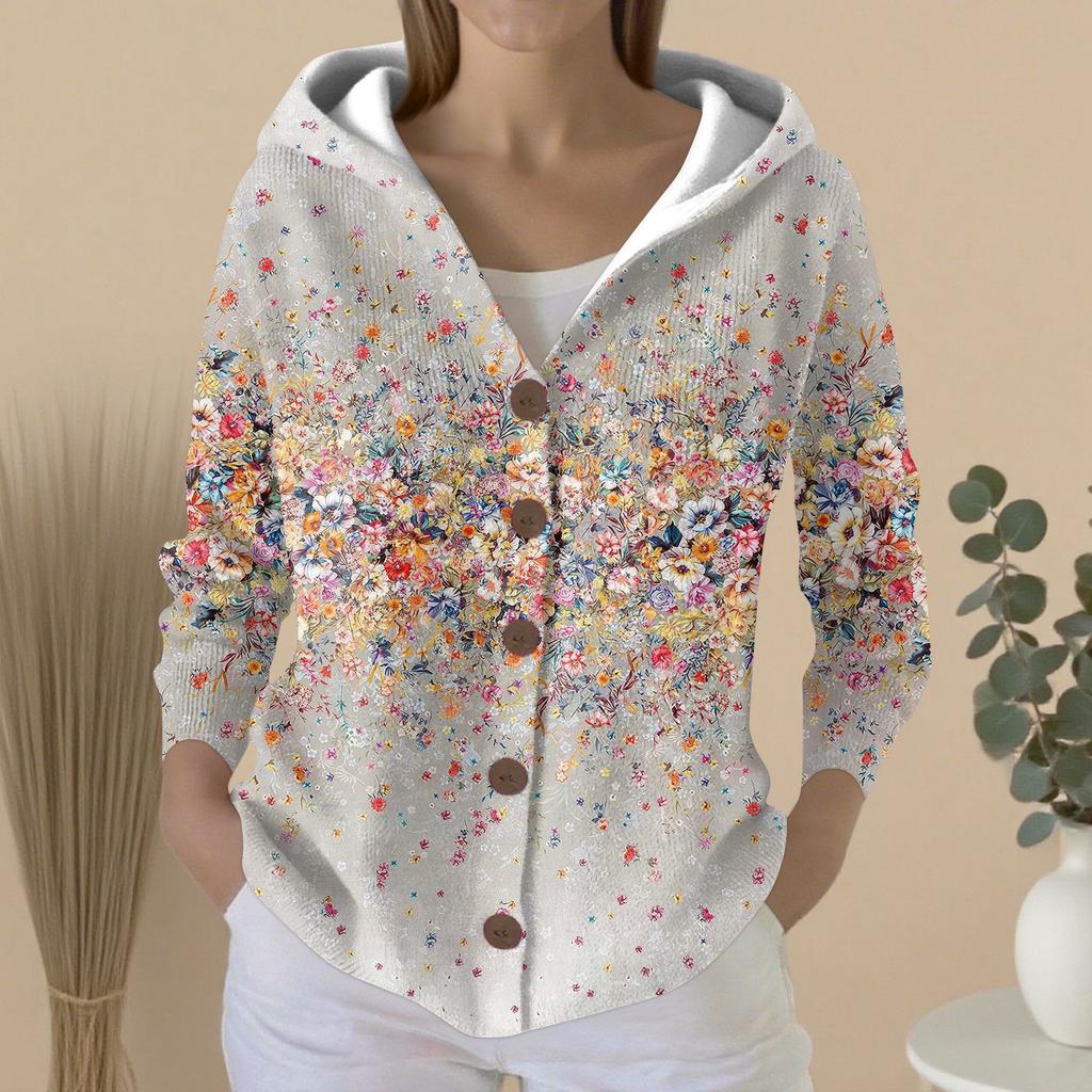 Women's Fashion Casual Sweater Button-Up Print Cardigan  Hooded Jacket