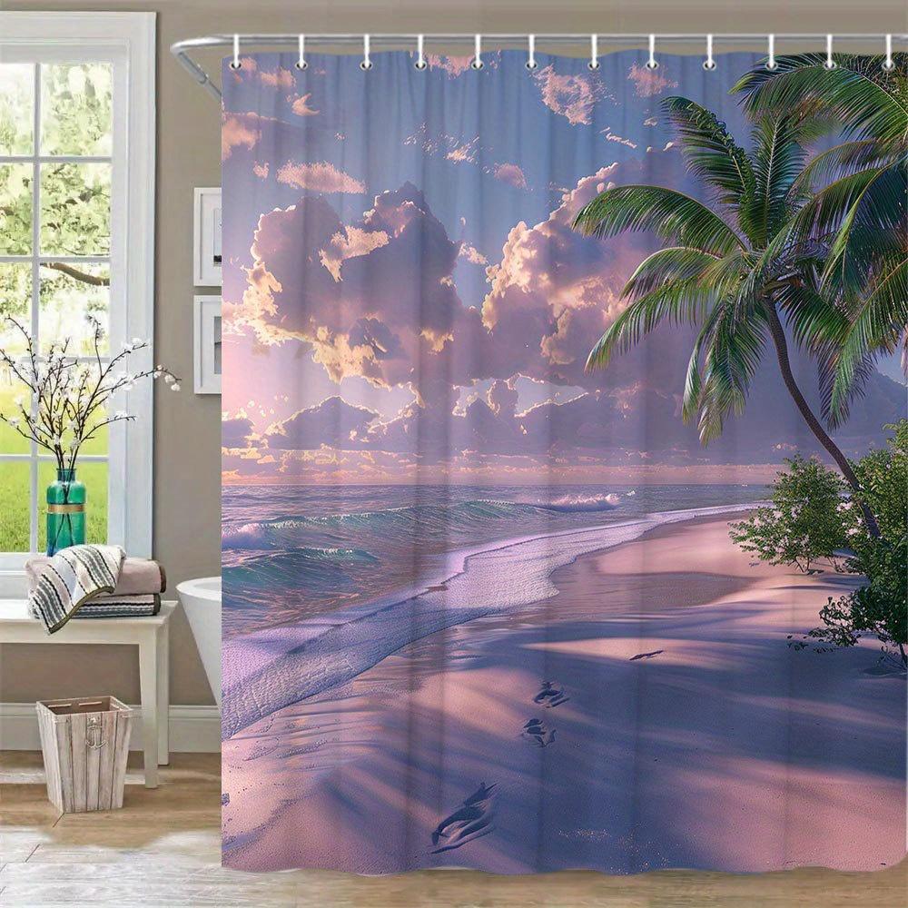 Sunset Beach Scene Waterproof Mildew-Resistant Shower Curtain - Tropical Design for a Relaxing Bathroom Décor Experience