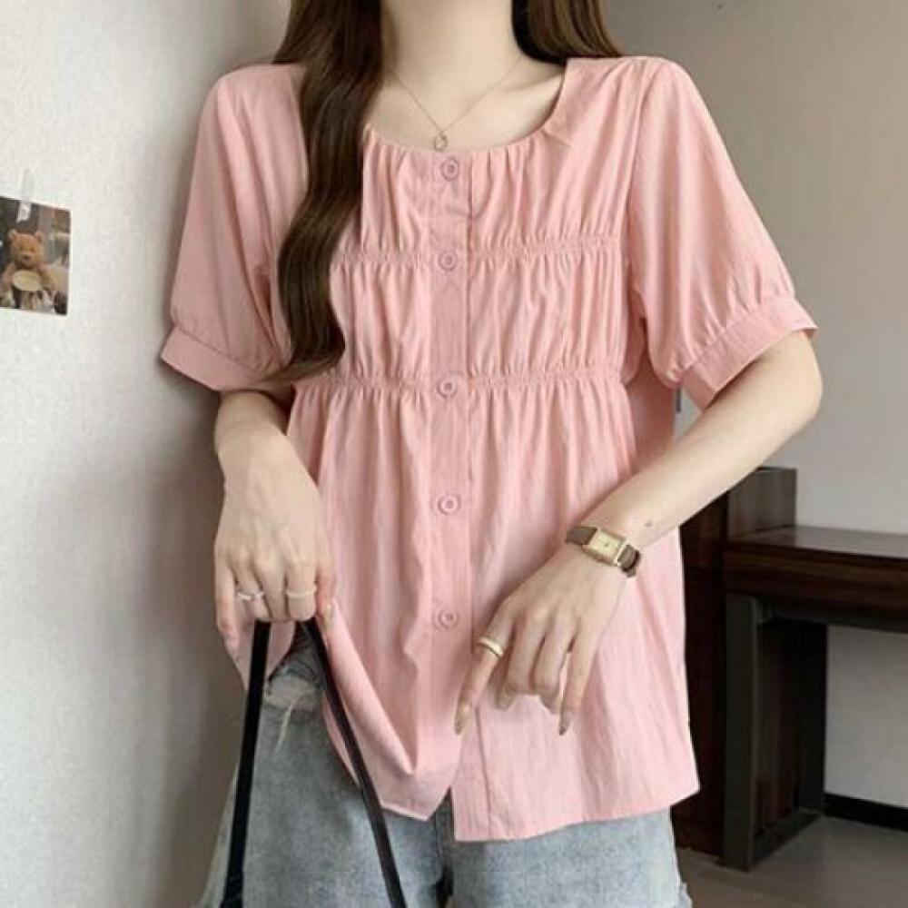 Navava Women Romantic Pastel Shirring Round Neck Short Sleeve Blouse Nb2243