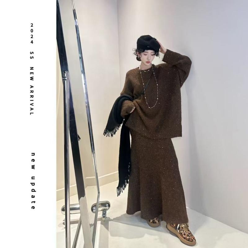 Lazy wind soft waxy sweater elastic waist fishtail long dress two-piece set autumn and winter new sequined knitted suit women