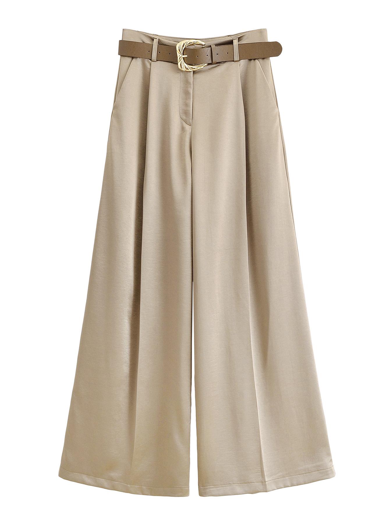 

Женские длинные брюки из сатина с высокой посадкой и поясом - Утягивающие, закрывающие бедра, свободного кроя S хаки