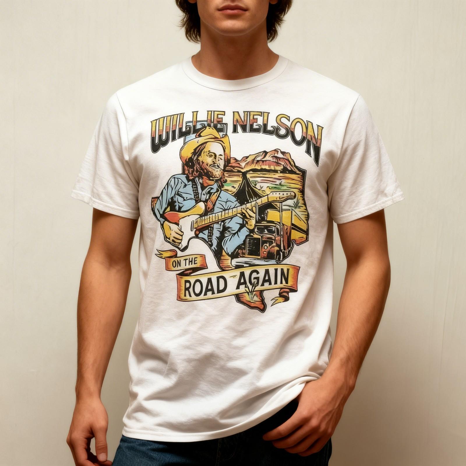 Vintage Willie Nelson Road Again T-Shirt White Cotton Gift Fans Music All Size M