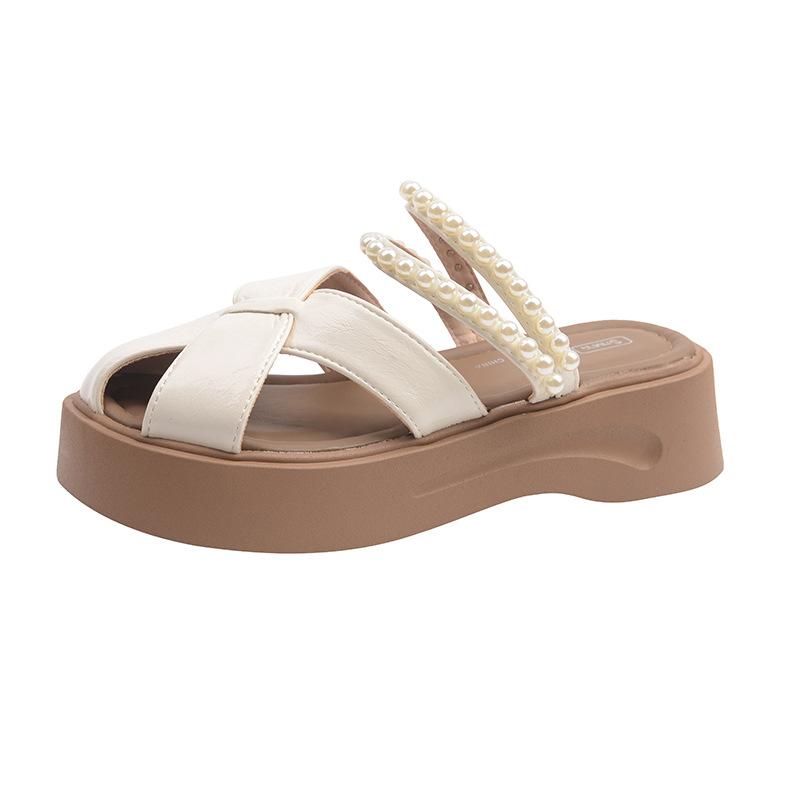 High-end Silver Two-wear Hollow Bag Head Half Slippers Women's 2025 Summer Wear with Skirt Pearl One-pedal Slippers