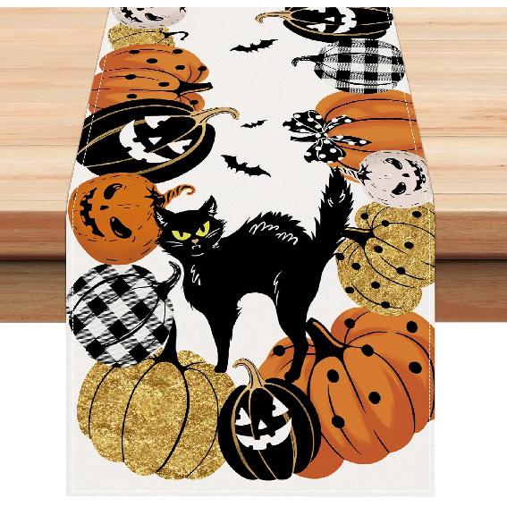 Bonhause Pumpkin Halloween Table Runner 13x60 Inch Jack-O-Lantern Black Cat Bat Spooky Kitchen Dinning Table Decoration for Fall Indoor Outdoor Home