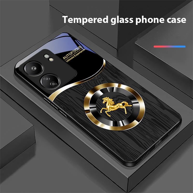 Holzmaserung Pferd Blau Für Xiaomi Redmi 13C Note13 12 Pro Plus 5G Note 9 13T Pro POCO X6 F5 F6 Schwarz Hartglas Handyhülle