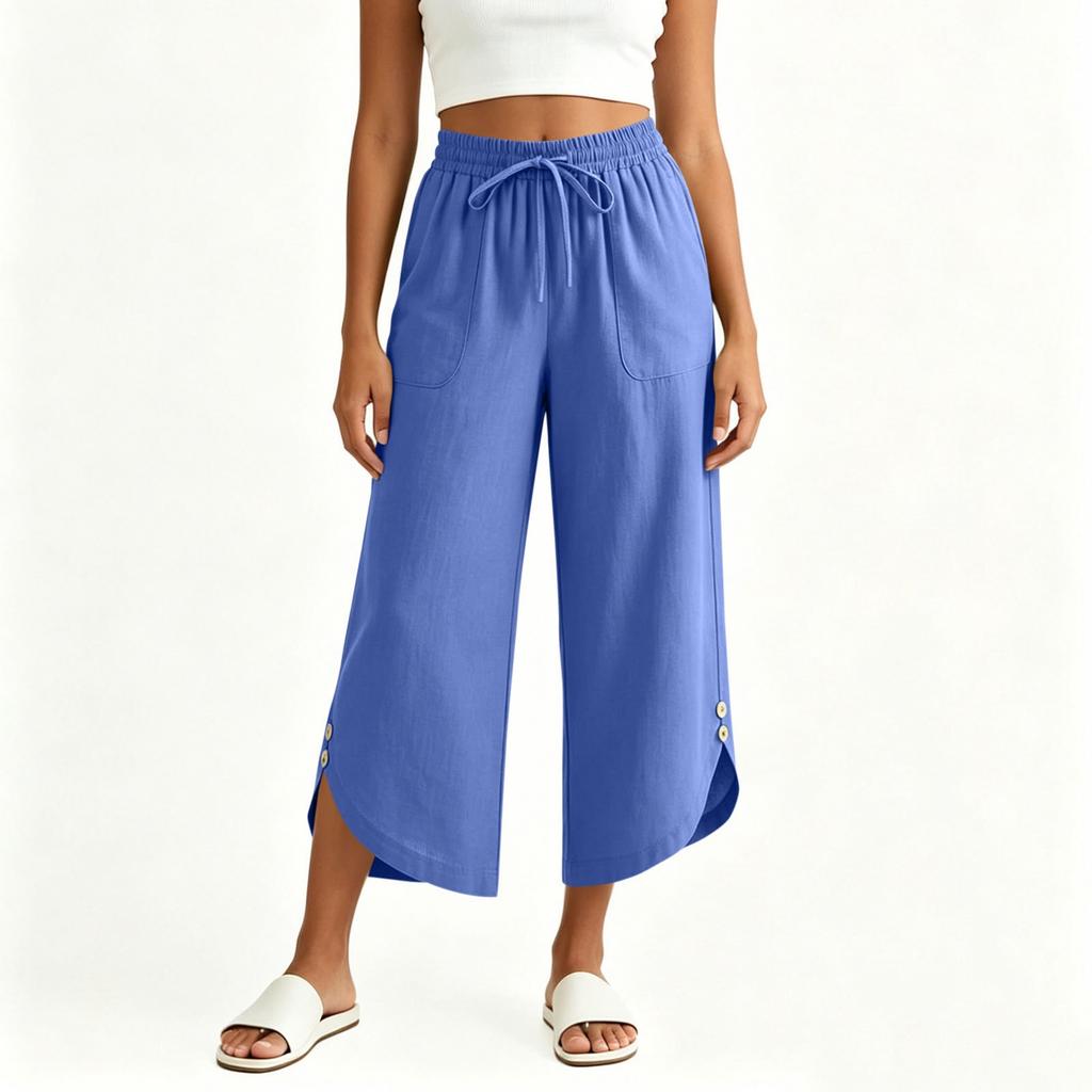 Women Casual Elastic Waist Drawstring Pants with Pockets Side Button Detail Relaxed Fit Cropped Trousers for Everyday Wear