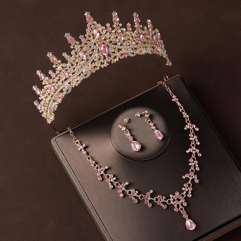 Champagne Pink Diamond Bridal Crown, Necklace & Earrings Set - Vintage Style Hair Accessories for Wedding Gown.