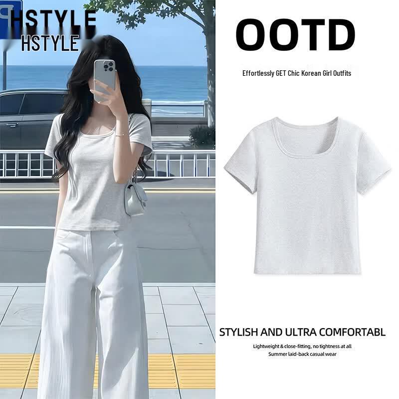 Women s Square Neck Short Sleeve Crop Top L
