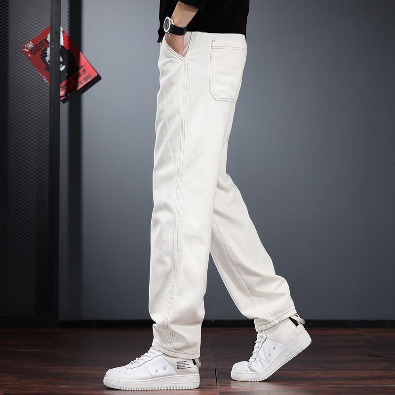 Jielenuo Men's Relaxed Tapered Washed White Jeans