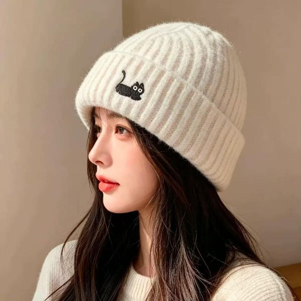 Soft Warm Beanie Hat Cat Embroidered Winter Thermal Cap New Knitted Woolen Hat  Women
