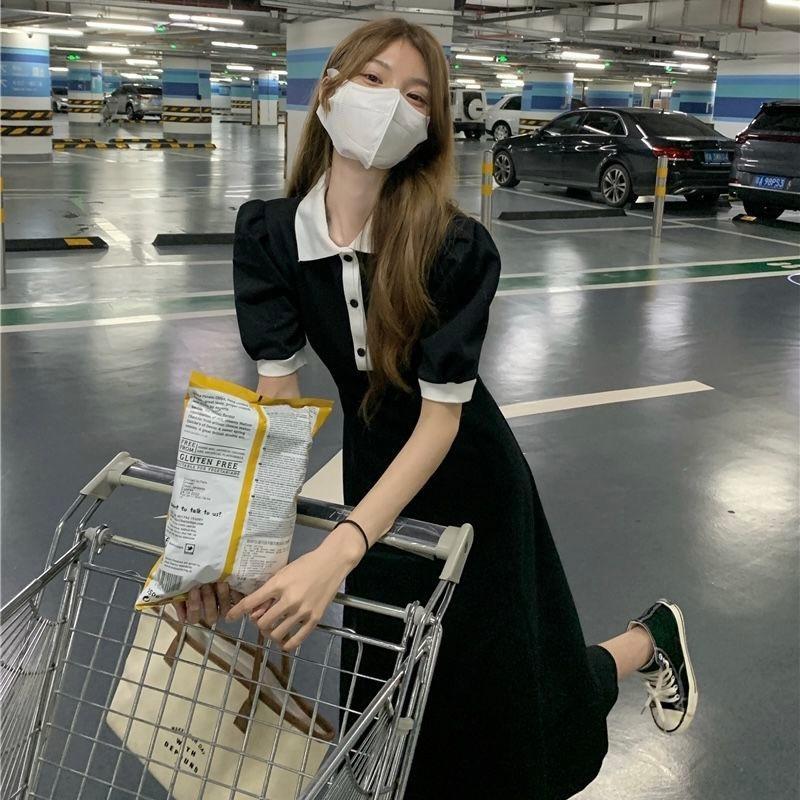 POLO Neck Bubble Sleeve Dress Women's Summer Waist Thin Korean Casual Sports Style Long Dress Gray A-shaped Skirt