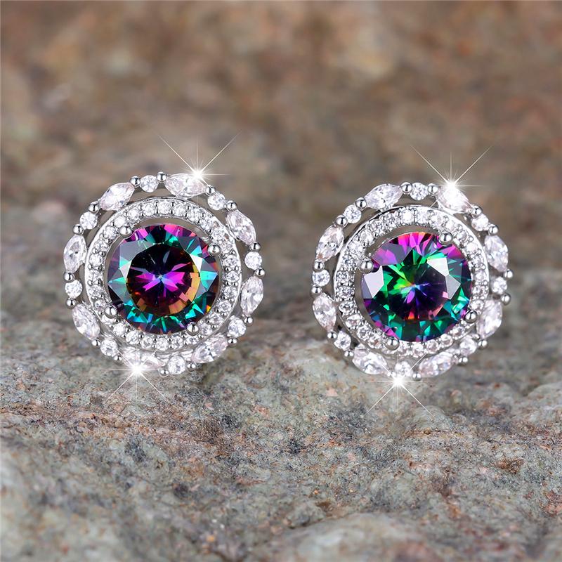Female Crystal Rainbow Zircon Stone Round Stud Earrings Vintage Silver Color Wedding Fashion Jewelry For Women