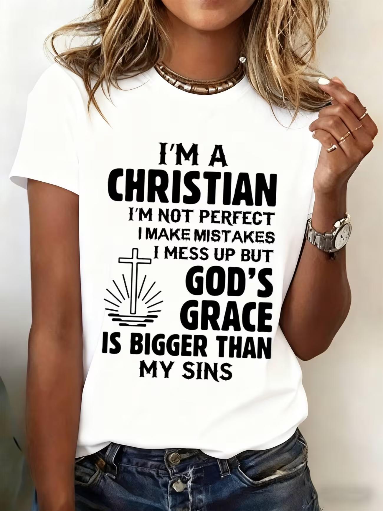 

WomenS Christian Faith TShirt with Im a Christian Slogan Cross White Short Sleeve Round Neck Casual Tee 4XL
