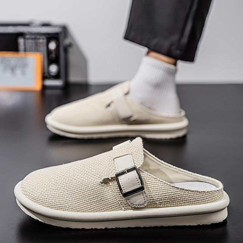 Plus Size 46 47 Fabric Mules Man Backless Loafers Slipper Half Shoes For Men Slides Mens Slip On Flats Semi-Drag Casual Shoes