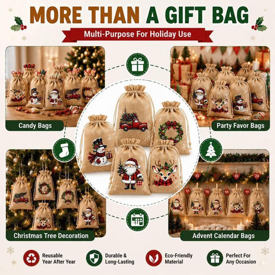 Small Fabric Gift Packaging Christmas Jute Burlap Bags, Drawstring Treat Candy Reusable Pouches Bag, Linen Pouch for Holiday Party Favors Storage