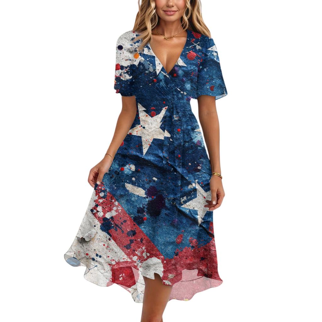 Women's Fashionable Casual V-neck Short-sleeved Independence Day Printed Dress