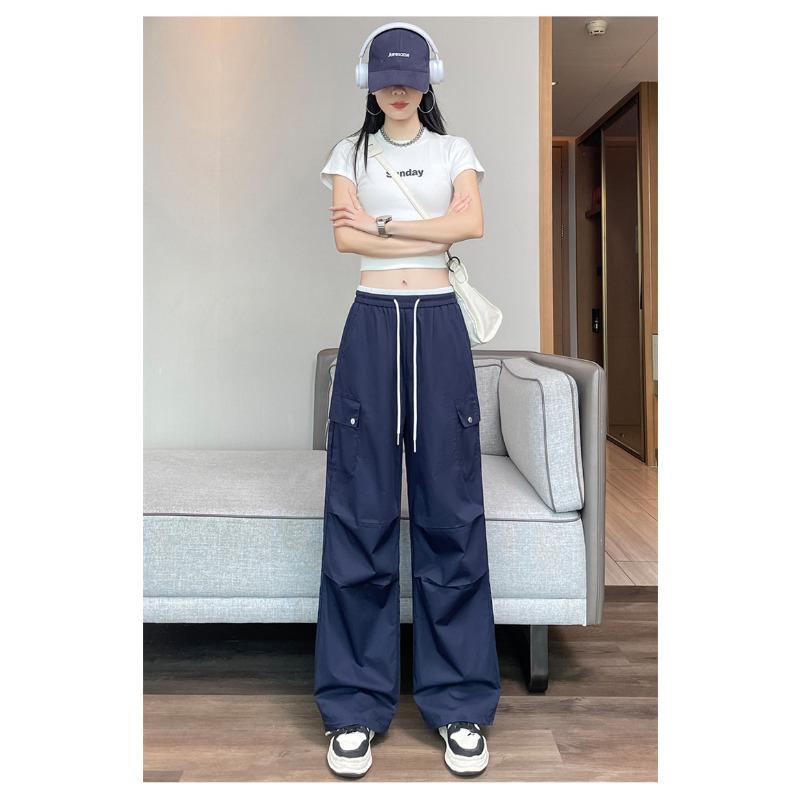 Summer new quick-drying tied feet wide legs two wear high waist splicing casual loose sweatpants