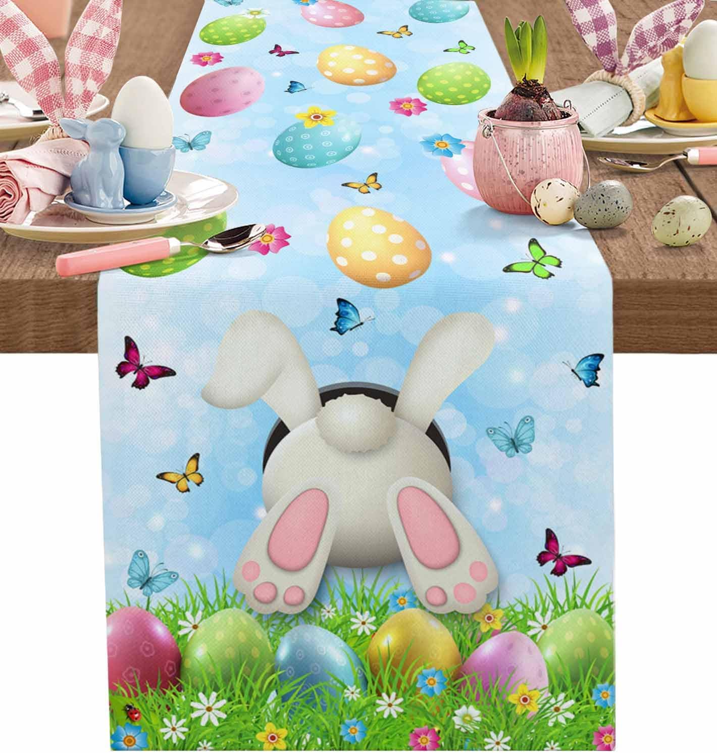 Easter Rabbit Eggs Butterfly Linen Table Runner Dresser Scarves Decor Spring Farmhouse Kitchen Table Runner Easter Decorations 150x33cm