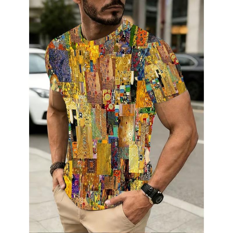 2026 Summer New Arrivals 1pc 3D Men S Full-Print T-Shirt, Casual Street Style Short-Sleeved T-Shirt, Klimt Patchwork Print Design S