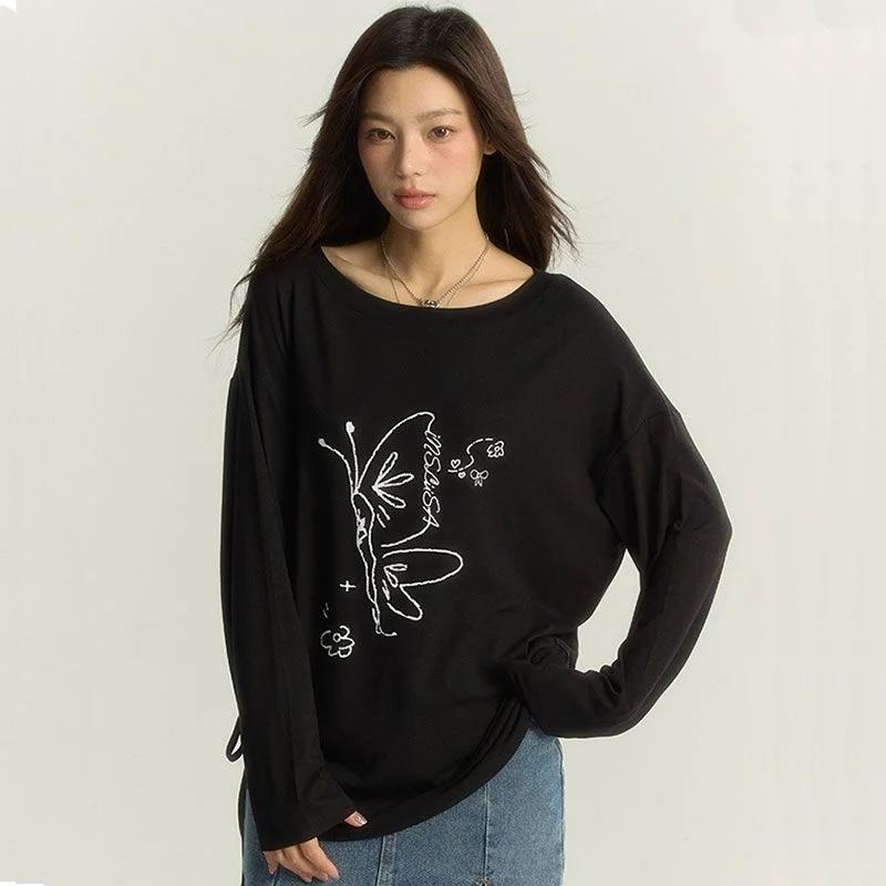 Autumn and Winter New Pure Desire Slanted Shoulder Hottie Pure Cotton Long-sleeved T-shirt Women's Loose Versatile Design Top