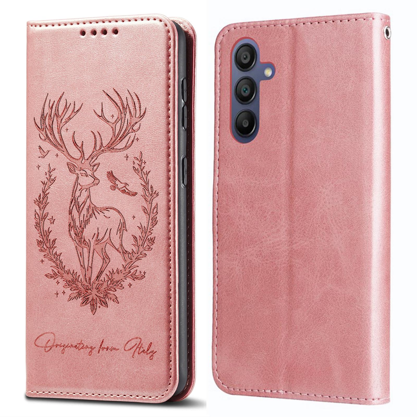 

For Samsung Galaxy A36 5G/A56 5G Stand Case Lucky Deer Imprinted Magnetic Closure Leather Wallet Phone Cover Pink