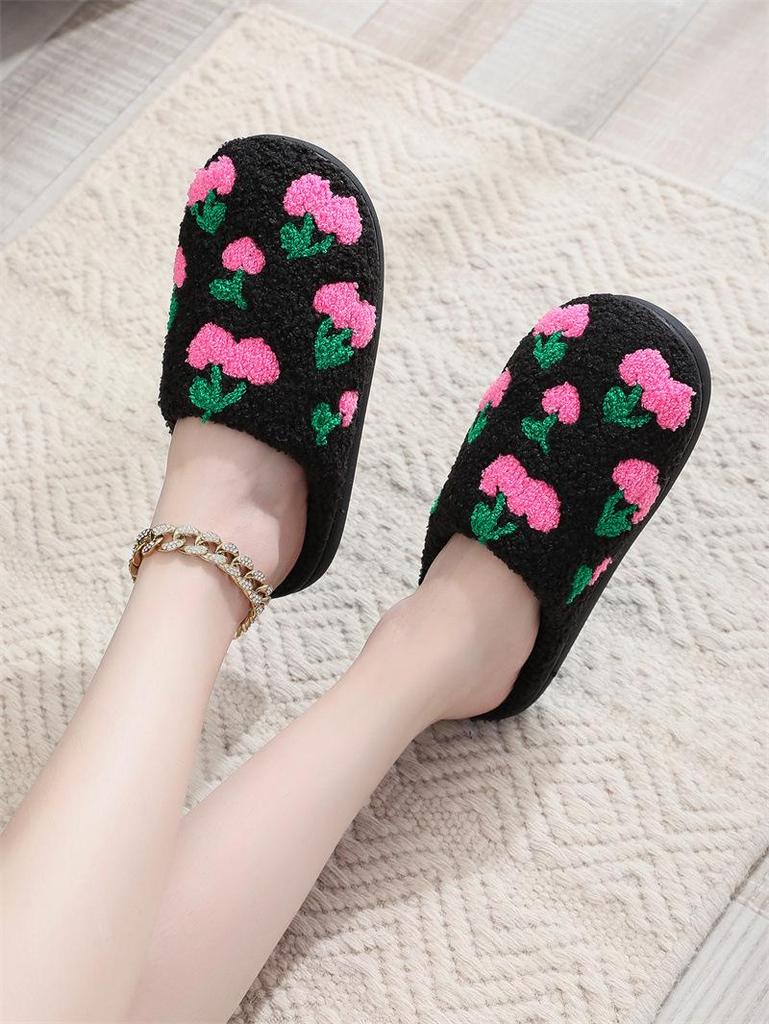 Cute Cartoon Smiley Face Christmas Hat & Tree Strawberry Cotton Slippers, Cozy & Warm Couple Style.
