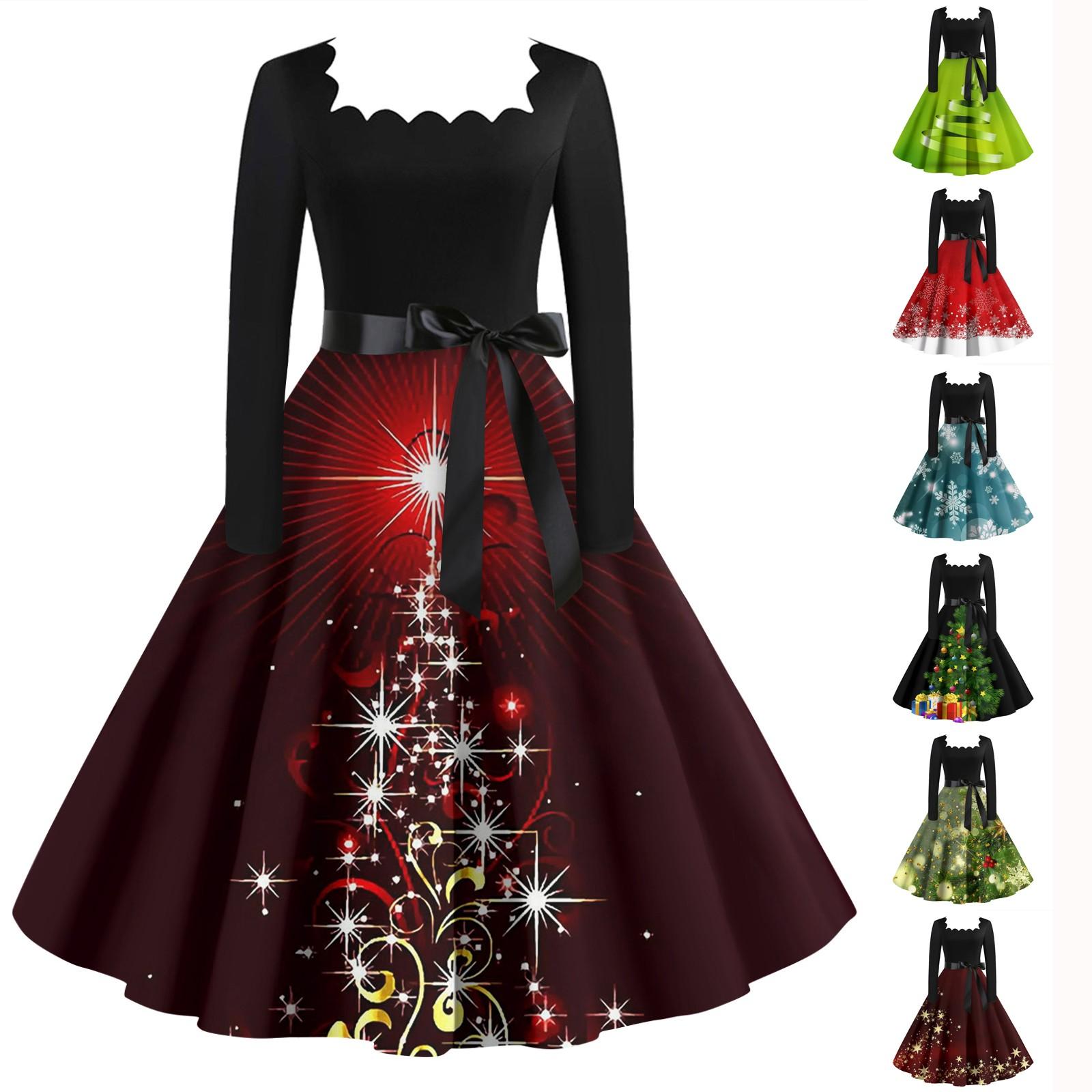 

Женское повседневное модное платье с длинными рукавами и принтом рождественской елки, повседневное платье с вырезом и квадратным вырезом