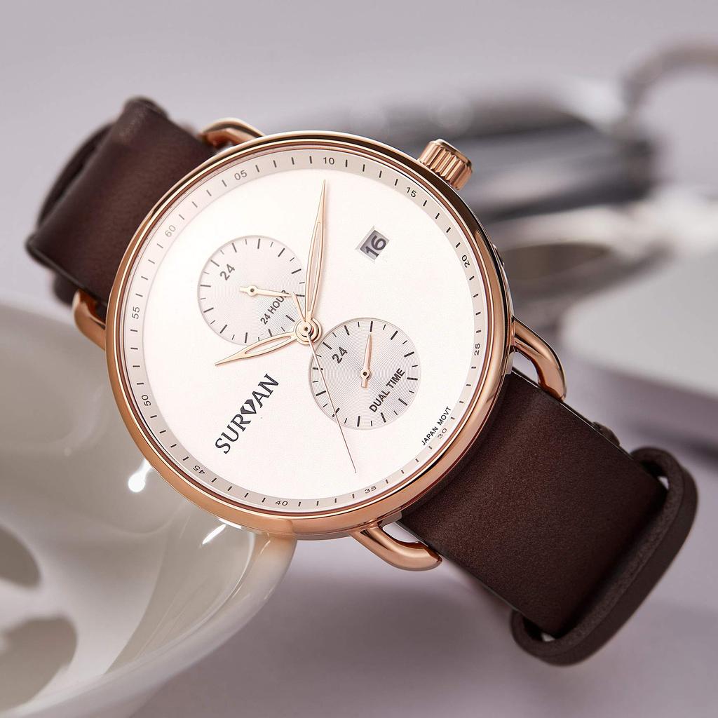 SURVAN Herren-Analog-Quarz-Uhr Weißes Zifferblatt Kastanienbraunes Echtes Lederarmband Saphirglas 50M Wasserdicht