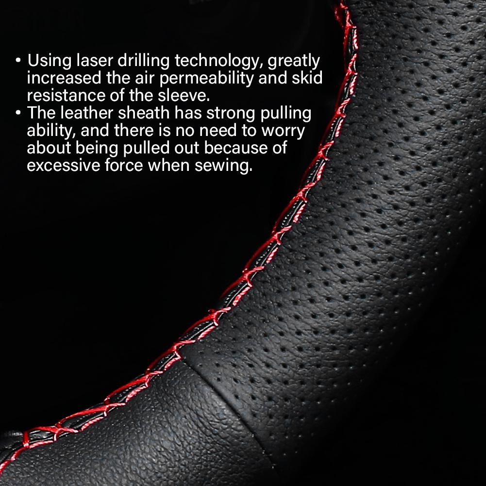 1 Pc 3738cm Car Auto Laser Drilling Cowhide Steering Wheel Cover Universal (Black Red)