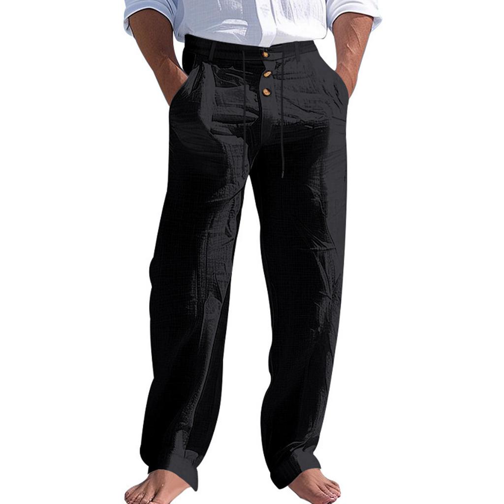 Men's Linen Drawstring Trousers  Beach Casual Sports Straight Leg Trousers