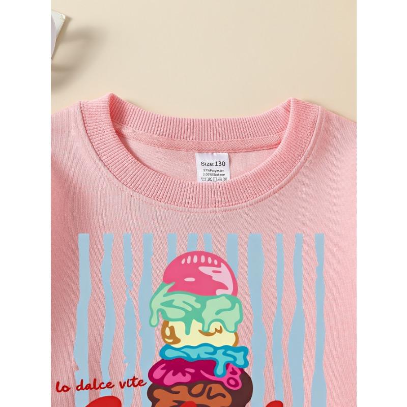 European Sizes Girls Crew Neck Sweatshirt Colorful Gelato Ice Cream Cone Print, Soft Cozy Pullover, Warm Casual for Autumn & Winter.