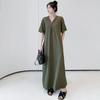 Retro Hepburn Style Plus Size Zipper Dress - Solid Color, Loose Fit Long Dress for Women