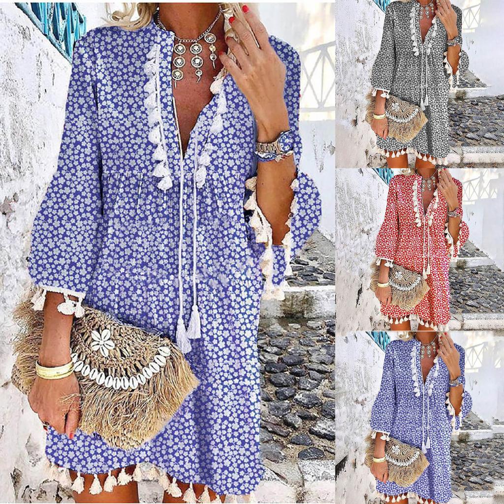 Women Three-quarter Sleeve Boho Floral Printed Dress Tassel V-neck  Dress