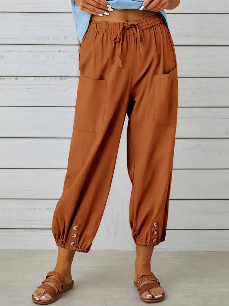 Women Capri Pants Drawstring High Waist Trousers Wide Leg Cropped Pants with Pockets