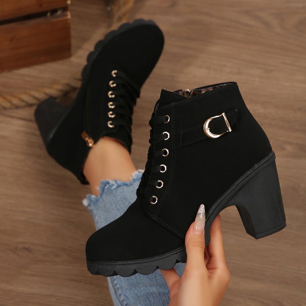 Fashion 2025 New Women Ankle Boots Autumn Winter New Large Size Comfortable Women Shoes Fashion Warm Thick Heel Lace Up High Heels Boots