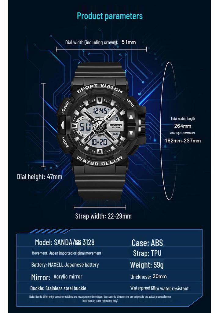 Sanda Men's Dual Display Waterproof Sports Watch: Multifunctional, Luminous, Fashionable, and Versatile for Outdoor Activities.