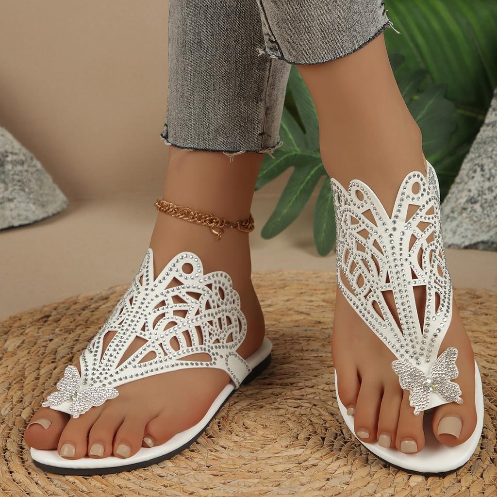 Women's Rhinestone & Butterfly Decor Slide Sandals Casual Clip Toe Flat Summer Shoes Lightweight Hollow Out Design Slide Sandals