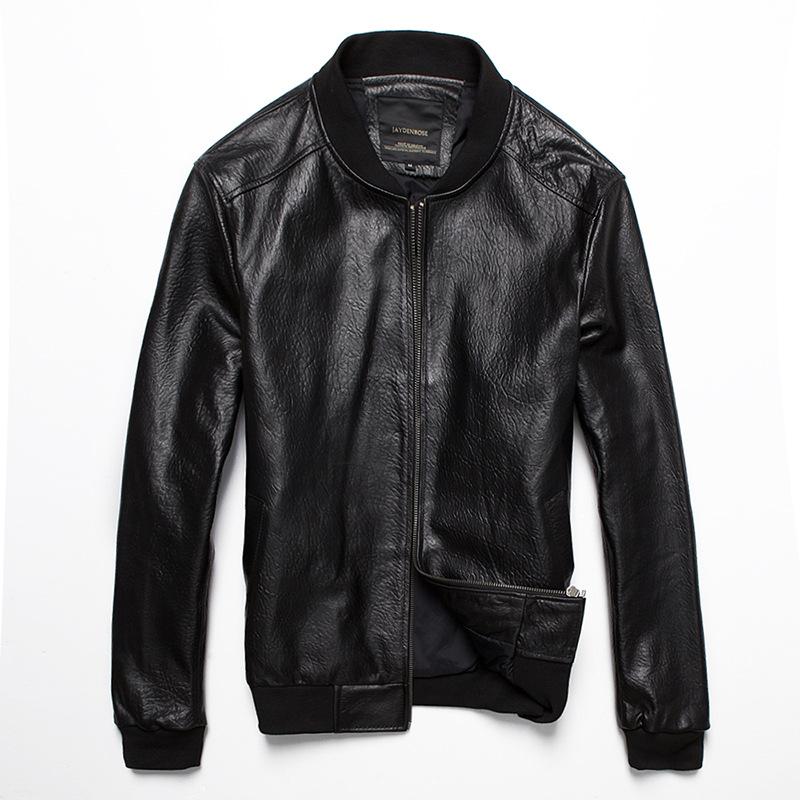 

Новый весенне-осенний стиль Haining Натуральная кожа Кожаная куртка Мужская короткая Промоченная кожа Овчина Бейсбольный костюм Кожаная куртка 5XL чёрный