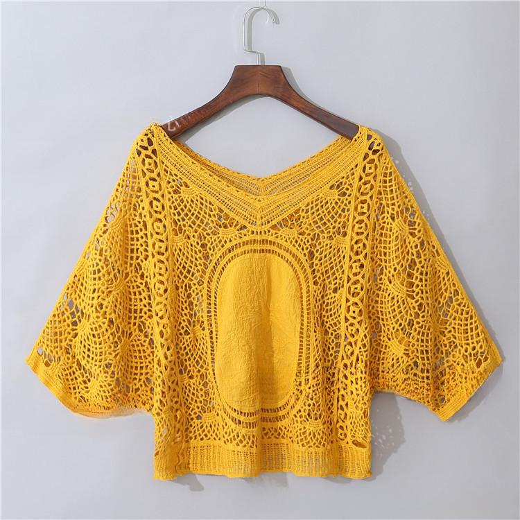 Embroidery/Embroidery, Knitted Hollow Shirt Summer Dress, New Women's Clothing Korean Version V-Neck Chain Short Sleeve Blouse Knitted Sweater Trendy