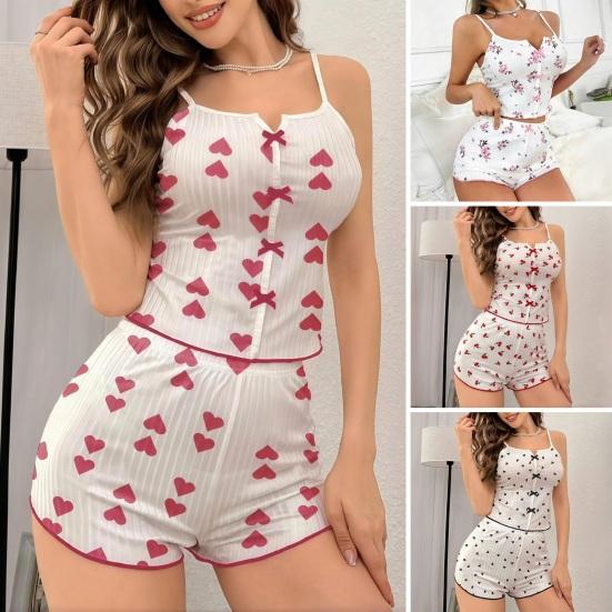 Damen Geripptes Cami Pyjama-Set Niedlicher Aufdruck Ärmelloses Crop-Top Und Shorts 2-teilige Nachtwäsche Sommer Weiches Pyjama-Lounge-Set