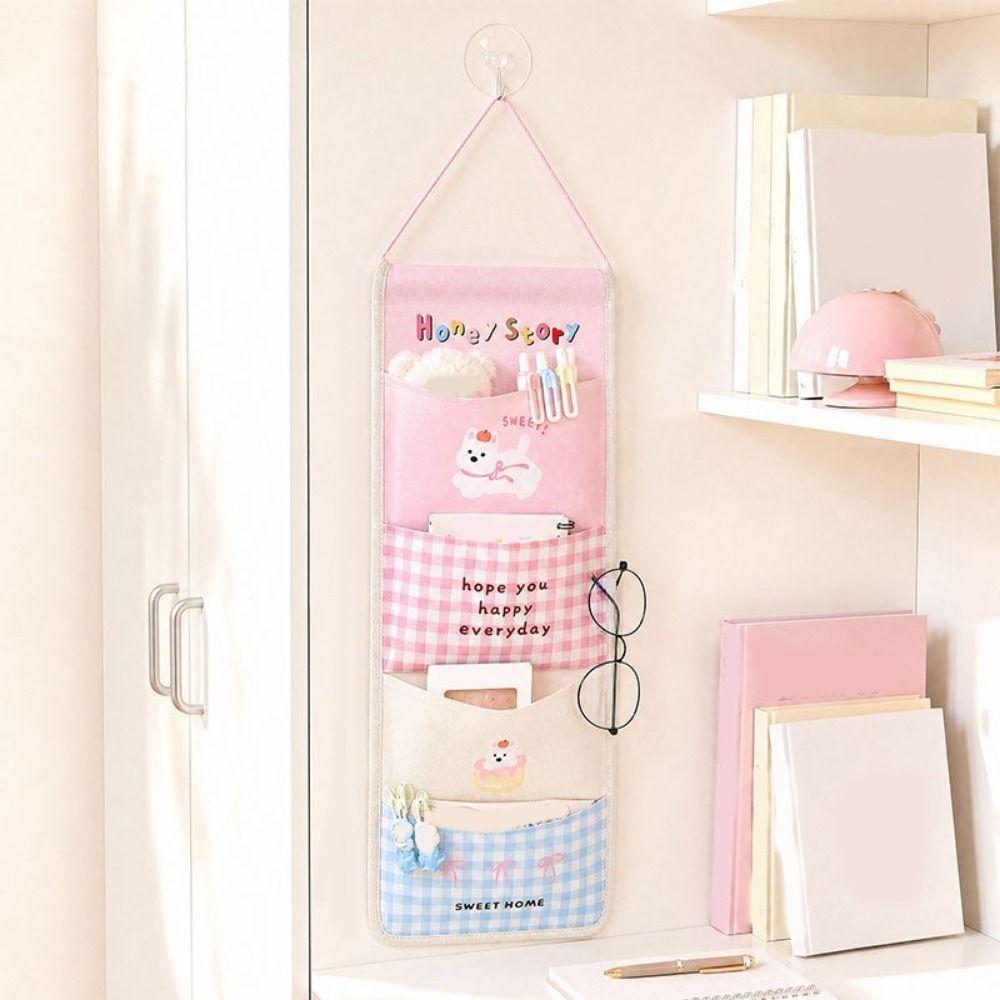 4/7 Pockets Wall Hanging Storage Bag Cotton Linen Space Saving Cartoon Hanging Bag Decorative Large Capacity