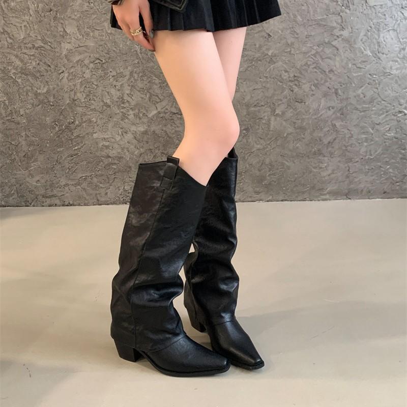 Wasteland leather high-heeled trouser boots women's long black boots autumn and winter new thick-heeled pointed knight boots
