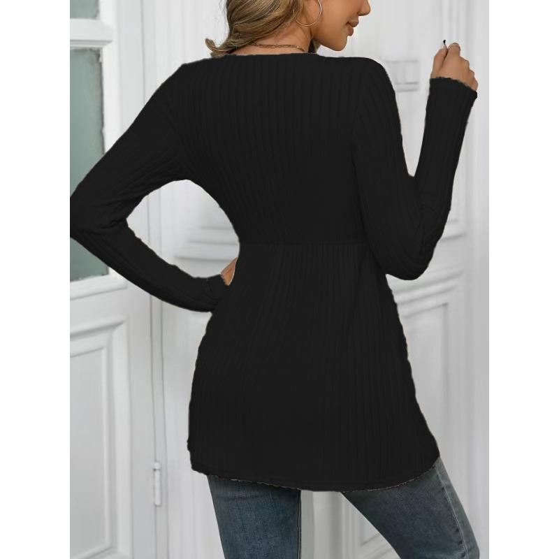 Women S Plus Size Solid Long Sleeve Round Neck Top With Button Decoration